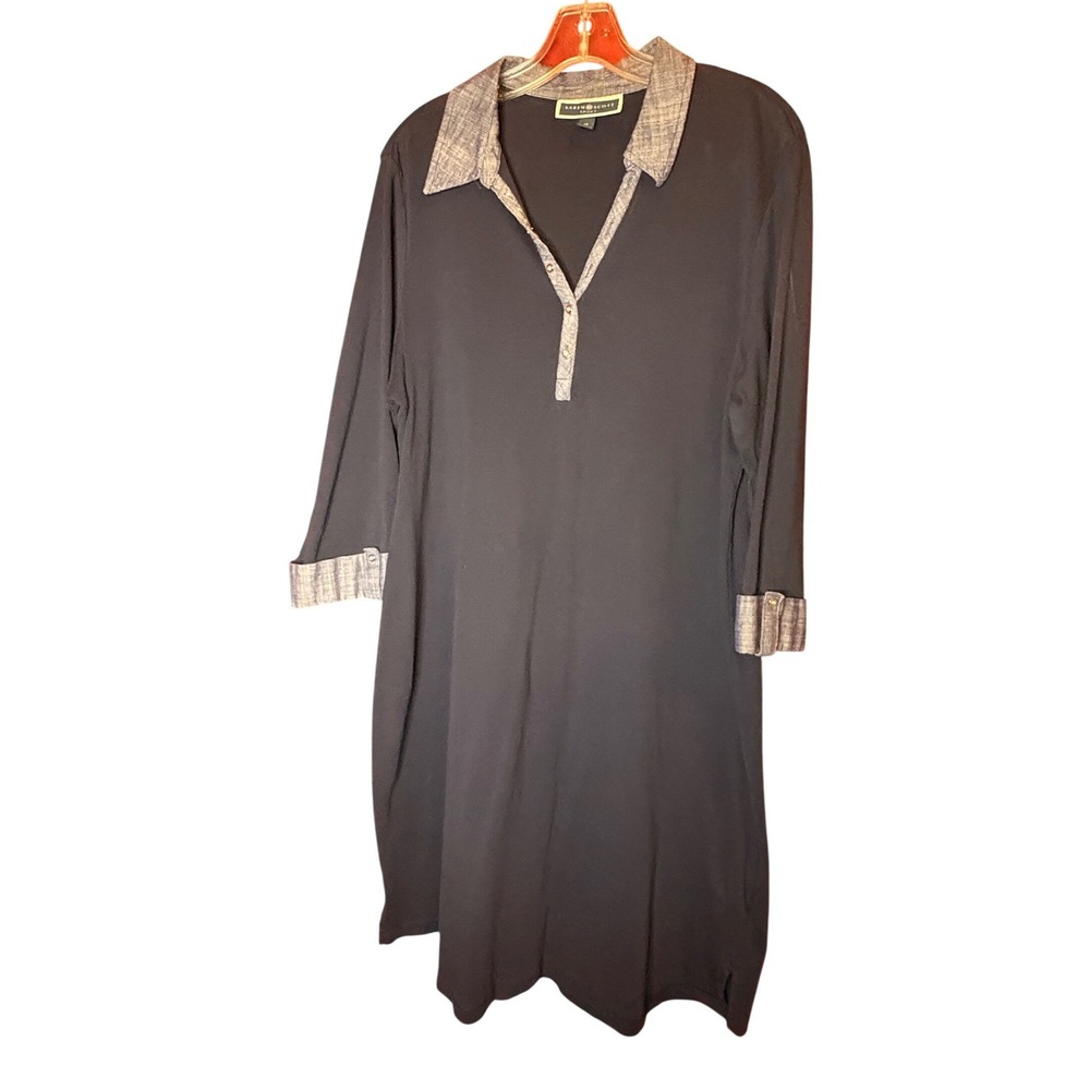 Karen Scott Sport Women 1X Navy Blue Cotton Polo Dress 3/4 Sleeve Chambray Trim
